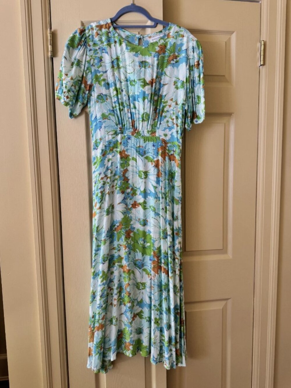 Faithfull The Brand Beline Midi Dress Gardone Floral Blue Green Size M